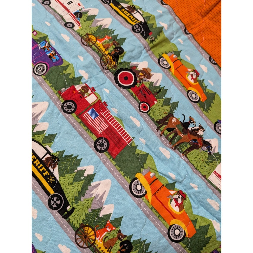 Kids Reversible Quilted Blanket Dogs Driving Vehicles Fire Truck Tractor Blue